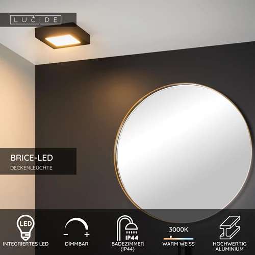 Lucide BRICE-LED - Deckenleuchte Badezimmer - LED Dim. - 1x15W 3000K - IP44 - Schwarz - USP